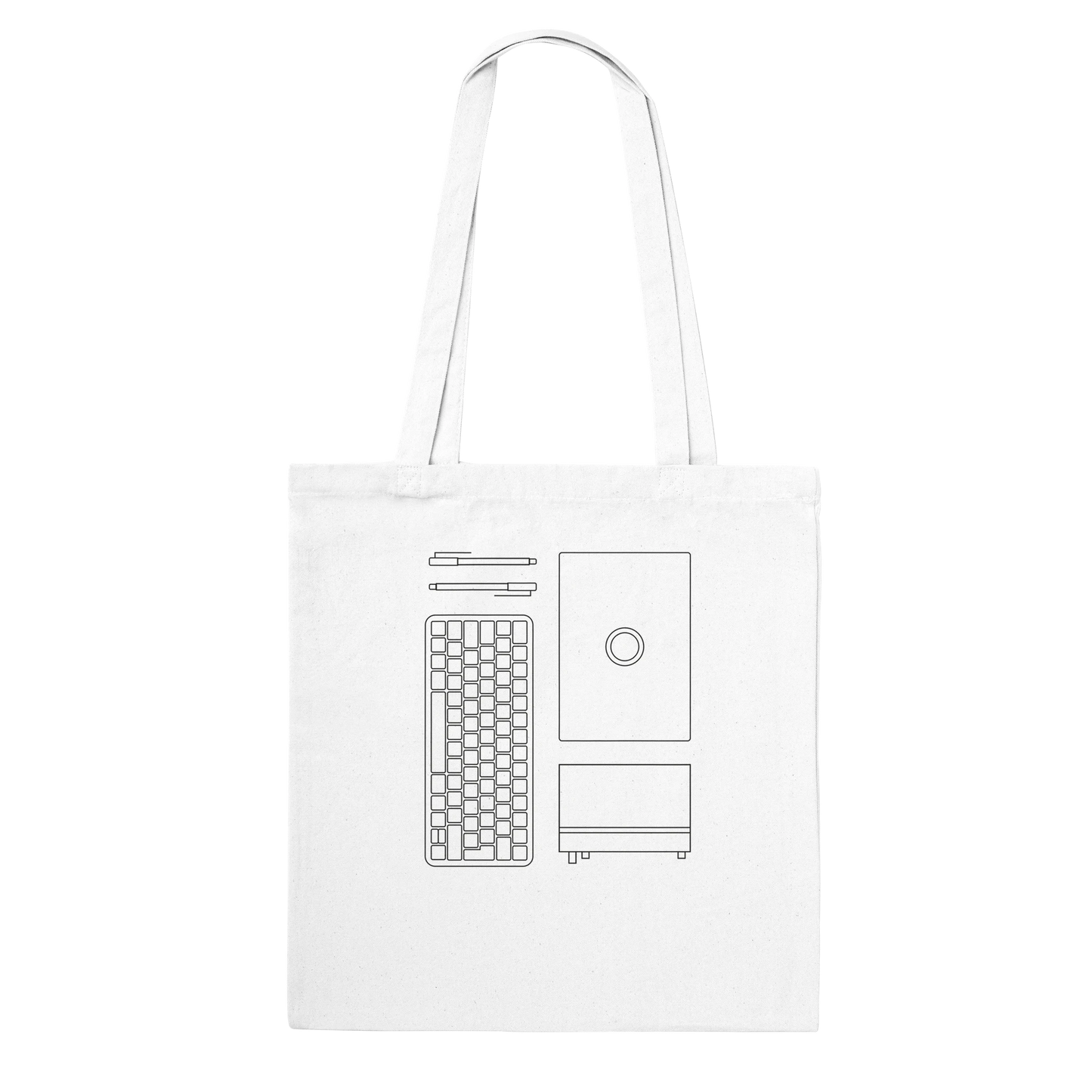 Tasche mit Konturen von Stiften, Tastatur, Laptop und Notizbuch