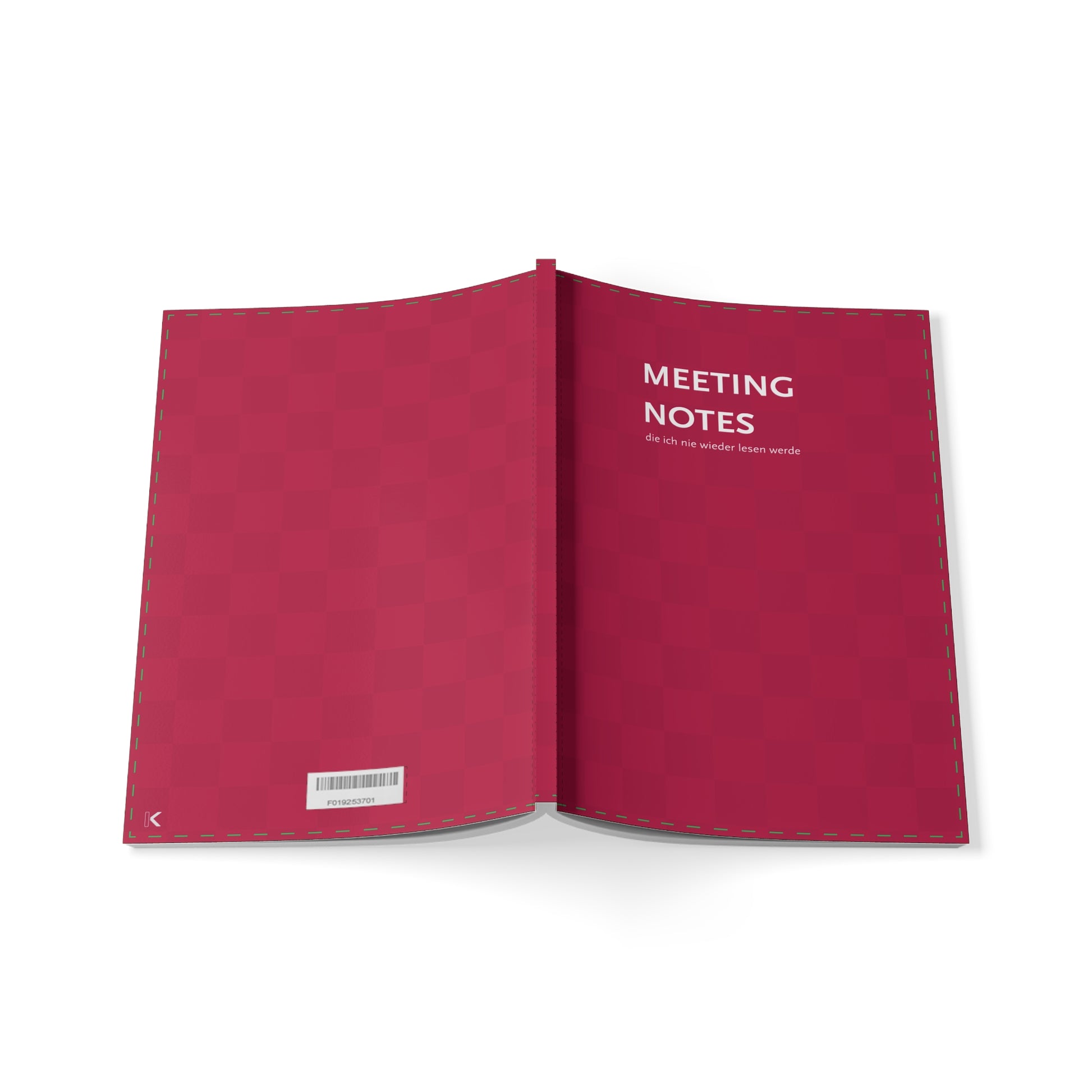 Rot-Pinkes Notizbuch mit der Aufschrift "Meeting Notes, die ich nie weder lesen werde"