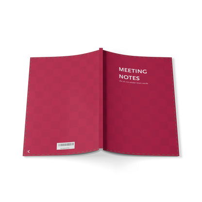 Rot-Pinkes Notizbuch mit der Aufschrift "Meeting Notes, die ich nie weder lesen werde"