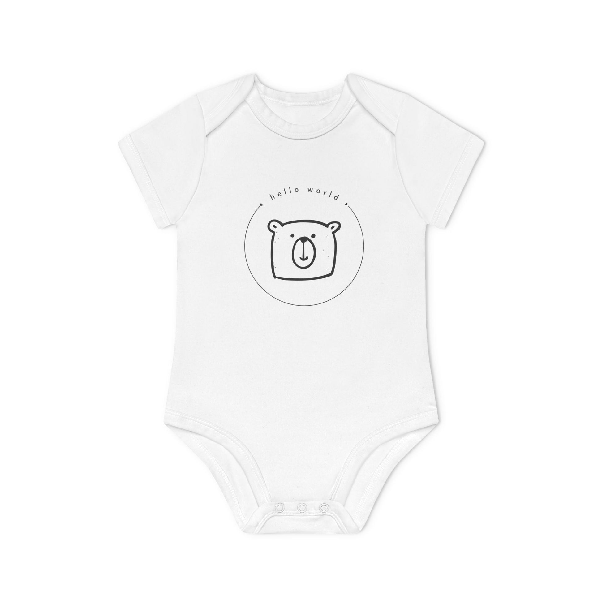 Ein Baby Body, auf dem ein Teddy Kopf abgebildet ist, mit den Worten "Hello World" - ein beliebter erster Satz in Entwicklerprojekten