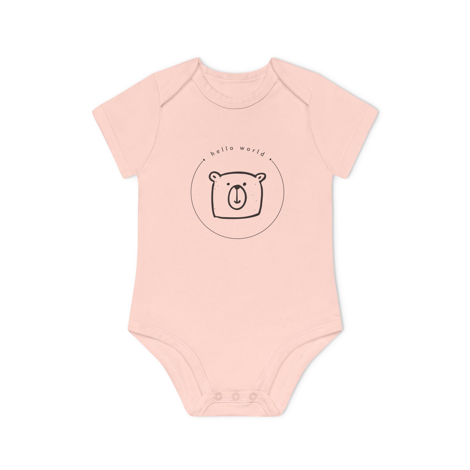 Ein Baby Body, auf dem ein Teddy Kopf abgebildet ist, mit den Worten "Hello World" - ein beliebter erster Satz in Entwicklerprojekten