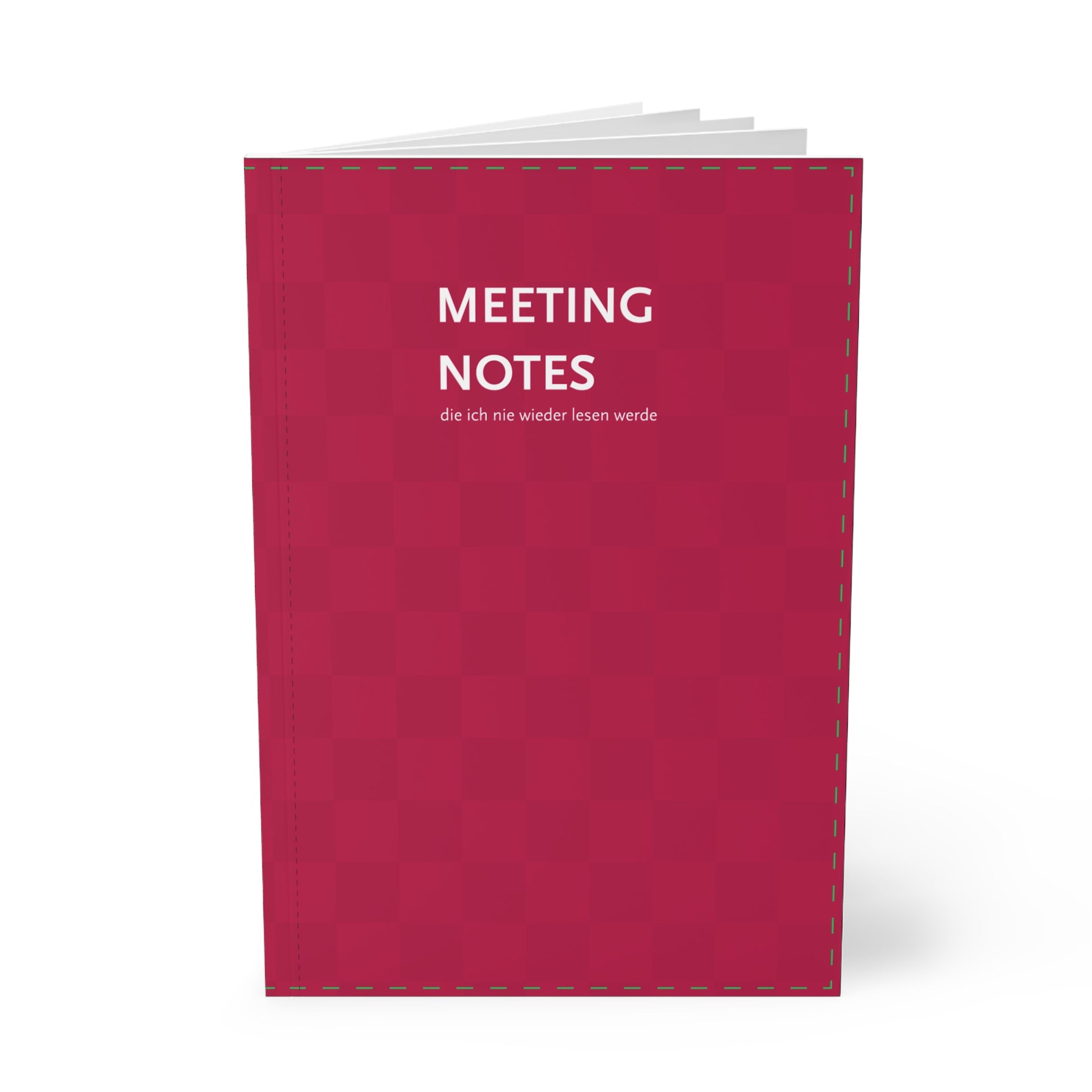 Rot-Pinkes Notizbuch mit der Aufschrift "Meeting Notes, die ich nie weder lesen werde"