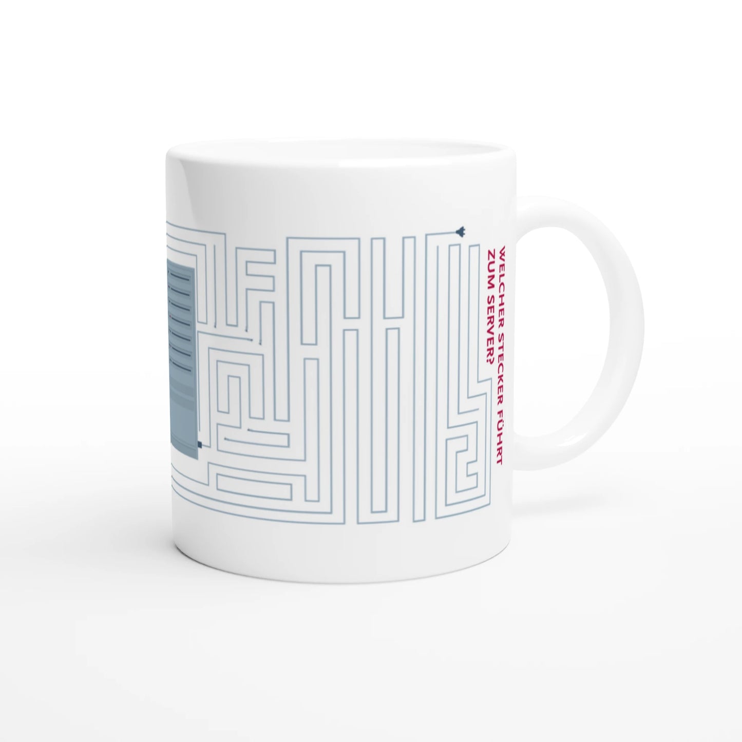 Illustrierte Tasse mit einem Labyrinth aus Kabeln.  In der Mitte ein Server, rechts steht "Welches Kabel führt zum Server"