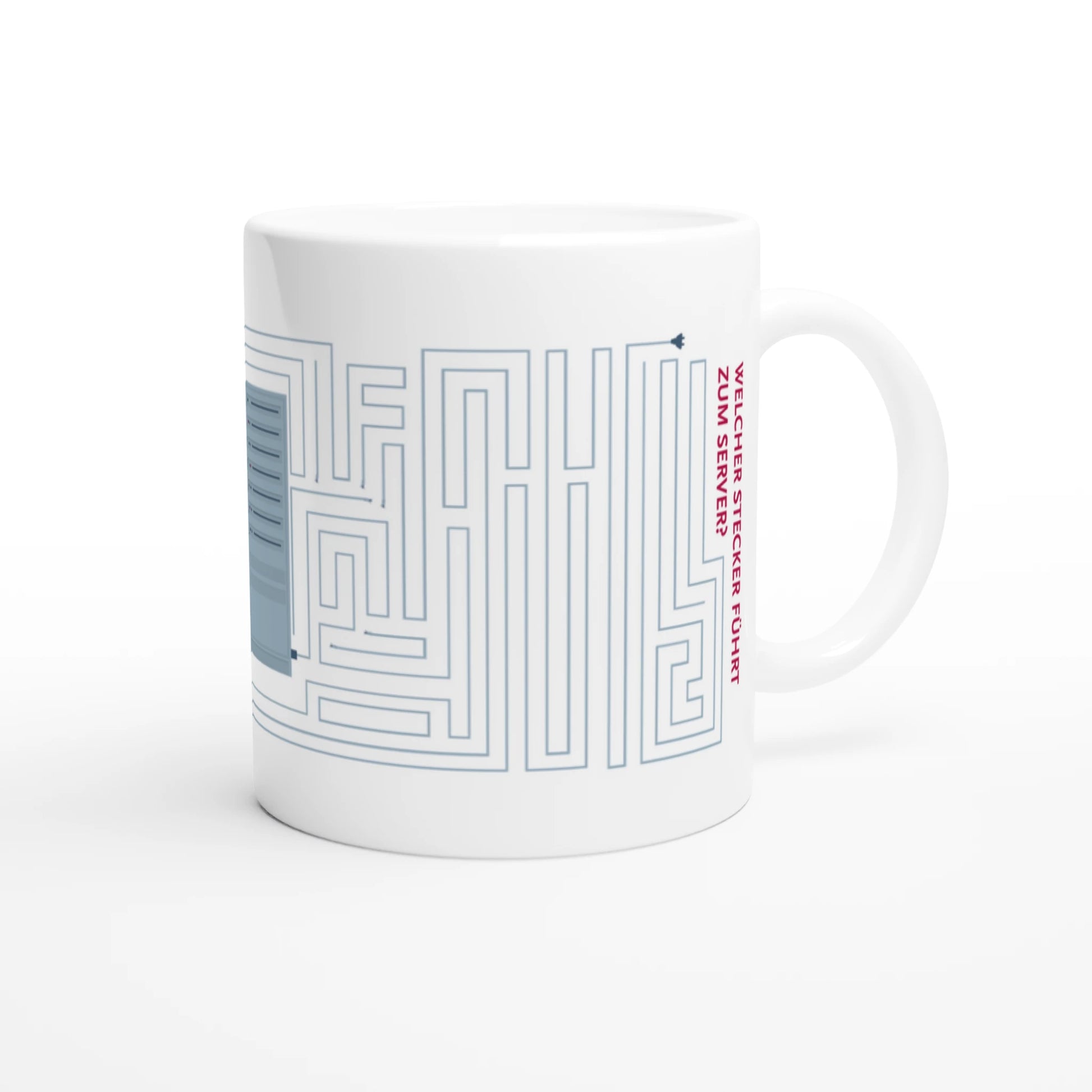 Illustrierte Tasse mit einem Labyrinth aus Kabeln.  In der Mitte ein Server, rechts steht "Welches Kabel führt zum Server"