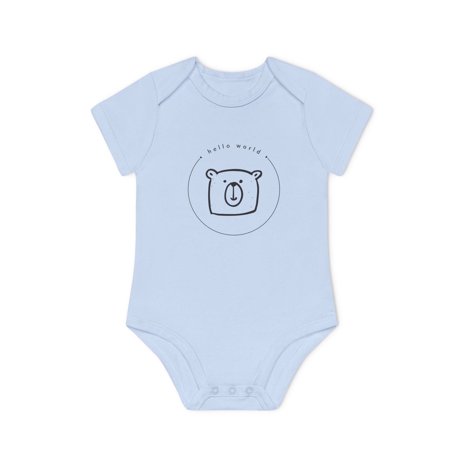 Ein Baby Body, auf dem ein Teddy Kopf abgebildet ist, mit den Worten "Hello World" - ein beliebter erster Satz in Entwicklerprojekten