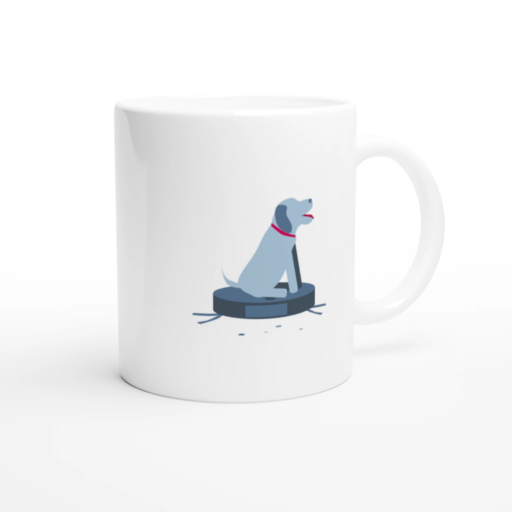 Tasse mit einem Hund auf einem Staubsauger und dem Spruch "Work smarter not harder"