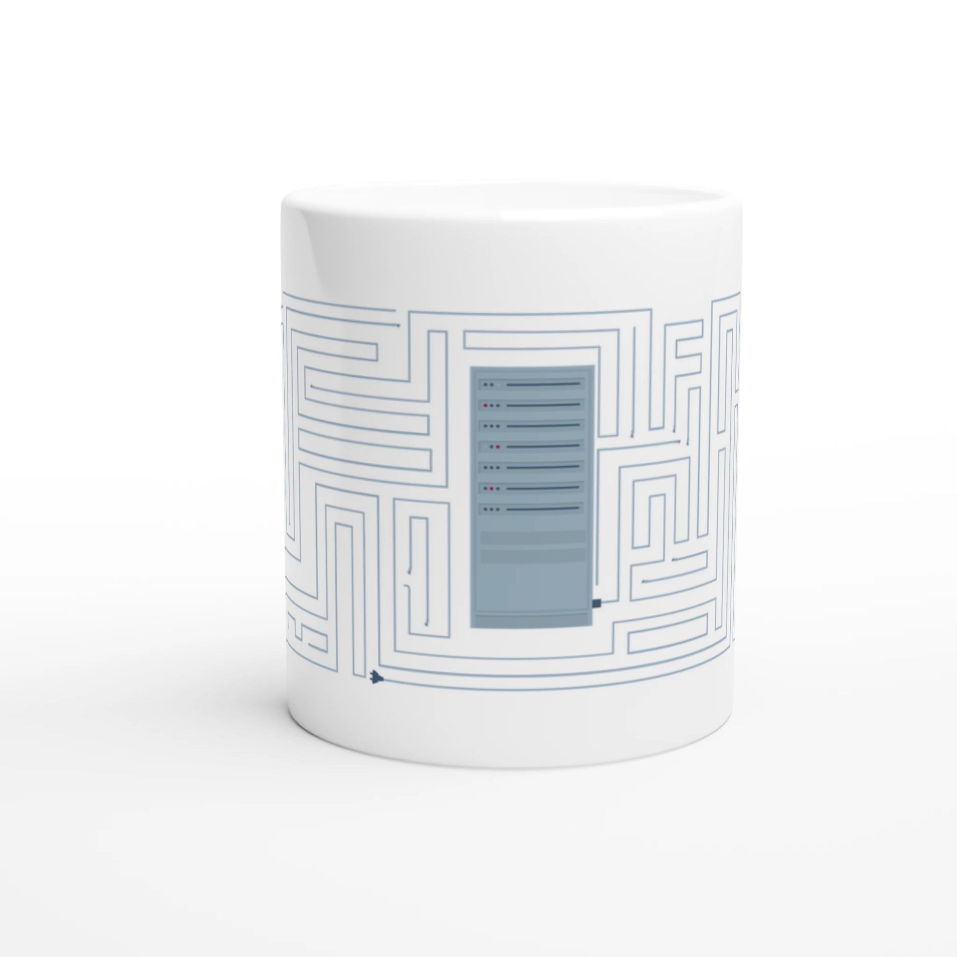 Illustrierte Tasse mit einem Labyrinth aus Kabeln.  In der Mitte ein Server, rechts steht "Welches Kabel führt zum Server"