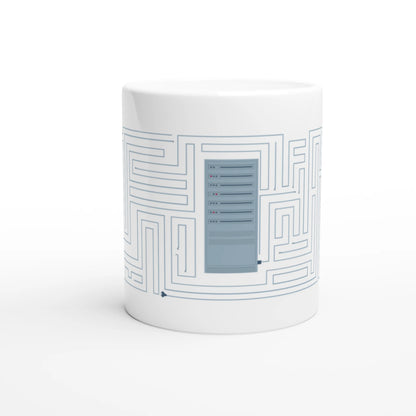 Illustrierte Tasse mit einem Labyrinth aus Kabeln.  In der Mitte ein Server, rechts steht "Welches Kabel führt zum Server"