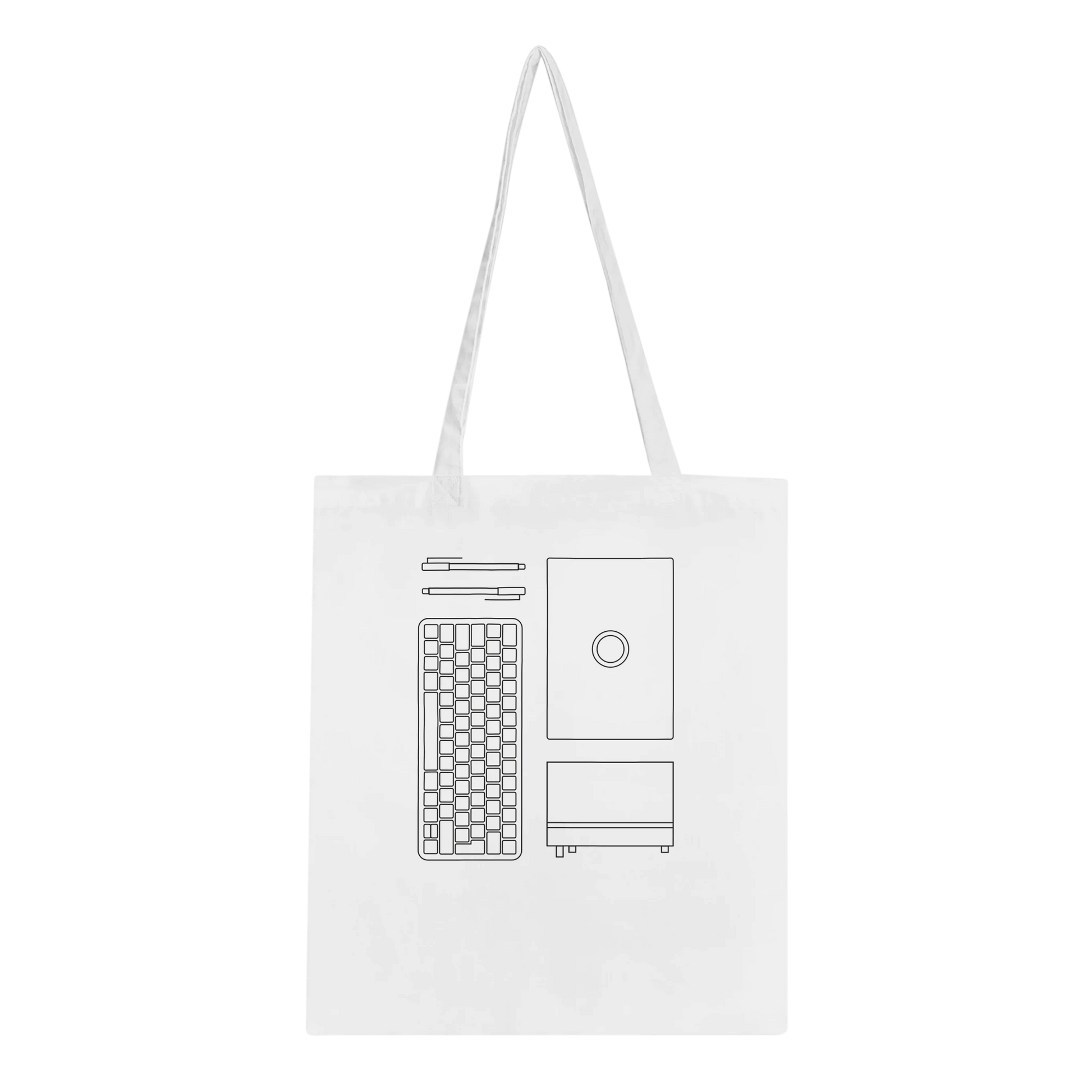 Tasche mit Konturen von Stiften, Tastatur, Laptop und Notizbuch