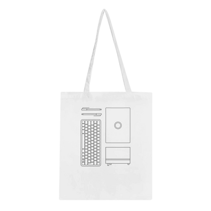 Tasche mit Konturen von Stiften, Tastatur, Laptop und Notizbuch