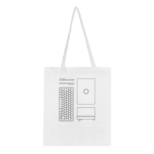 Tasche mit Konturen von Stiften, Tastatur, Laptop und Notizbuch