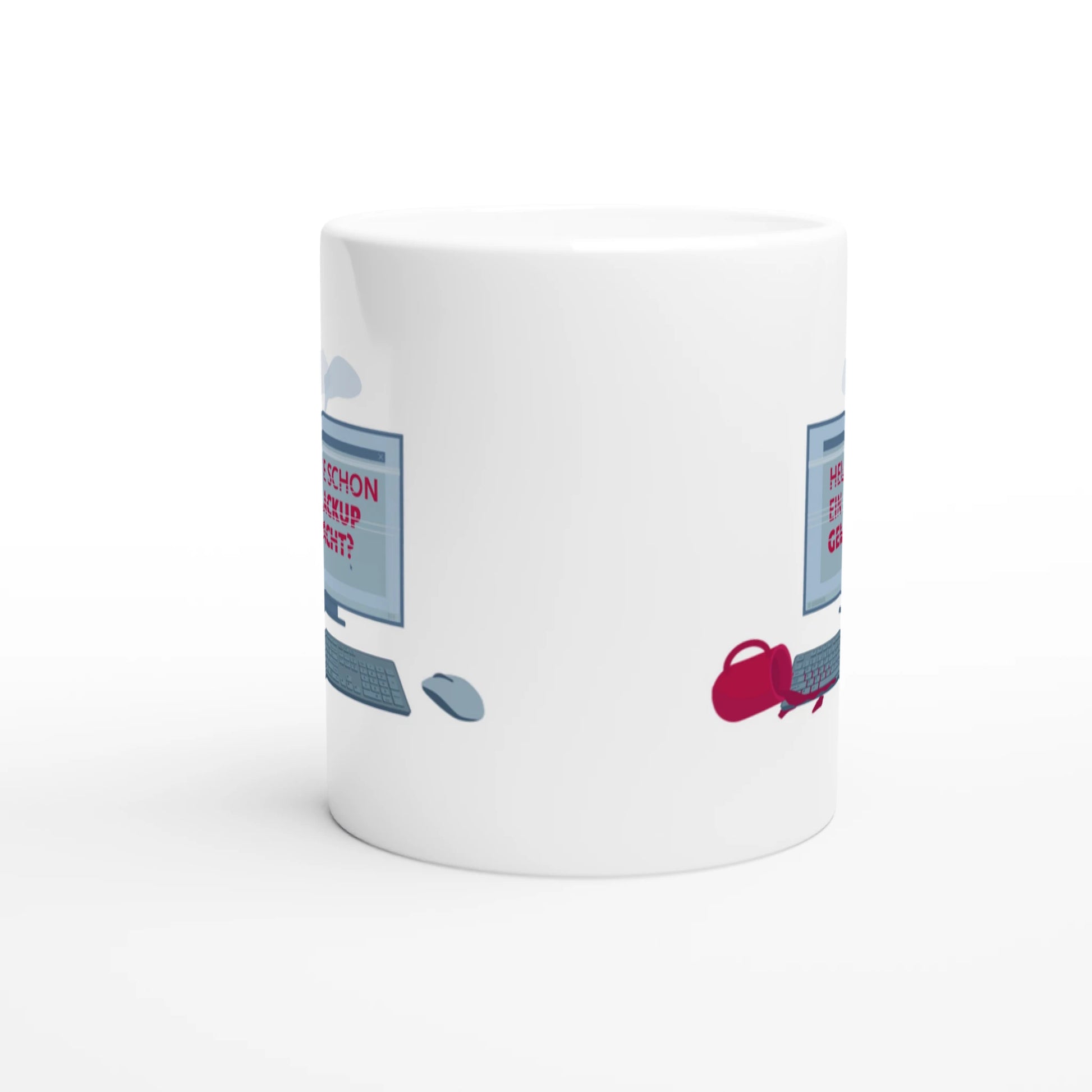 Eine Tasse, die einen daran erinnert, sein Backup zu machen. Sie zeigt einen PC, auf den Kaffee verschüttet wurde und der dadurch kaputt geht, auf dem Screen steht  "Heute schon ein Backup gemacht?"