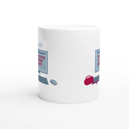 Eine Tasse, die einen daran erinnert, sein Backup zu machen. Sie zeigt einen PC, auf den Kaffee verschüttet wurde und der dadurch kaputt geht, auf dem Screen steht  "Heute schon ein Backup gemacht?"